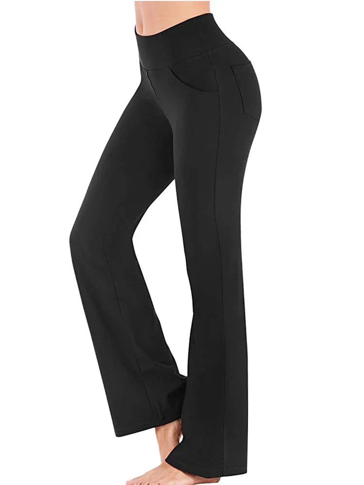 Damen Bootcut Yoga Hose mit hoher Taille und Seitentaschen - Gemütliche Freizeithose