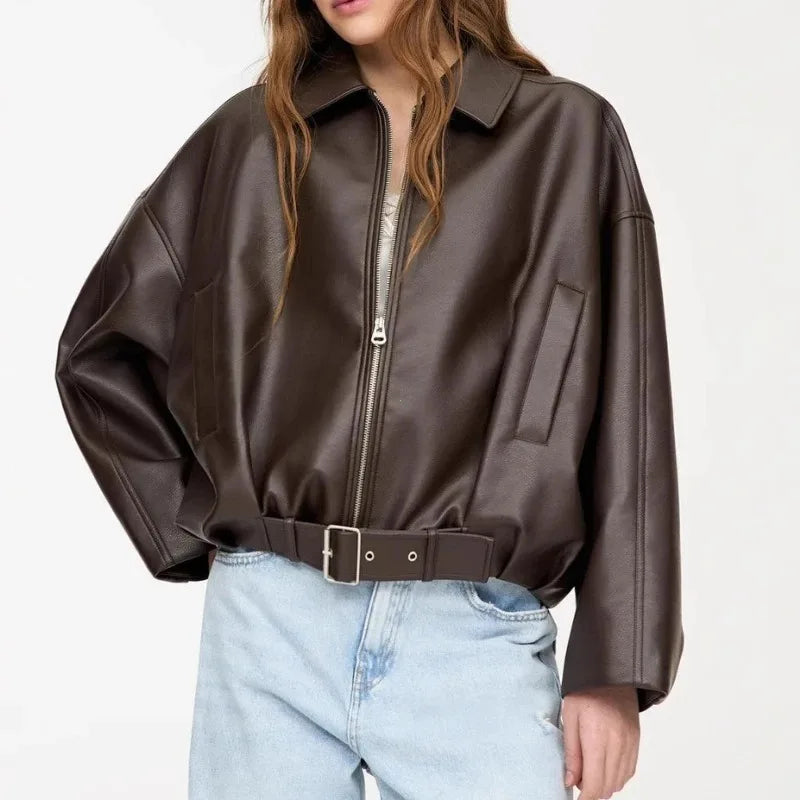 Damen Bomberjacke mit Gürtel, kurze Passform, Reißverschluss, braun
