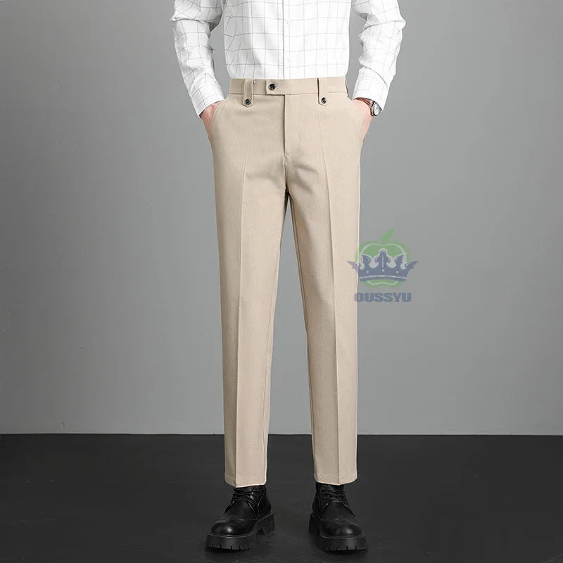 Herren Business Hose Beige Mit Bundfalte Slim Fit