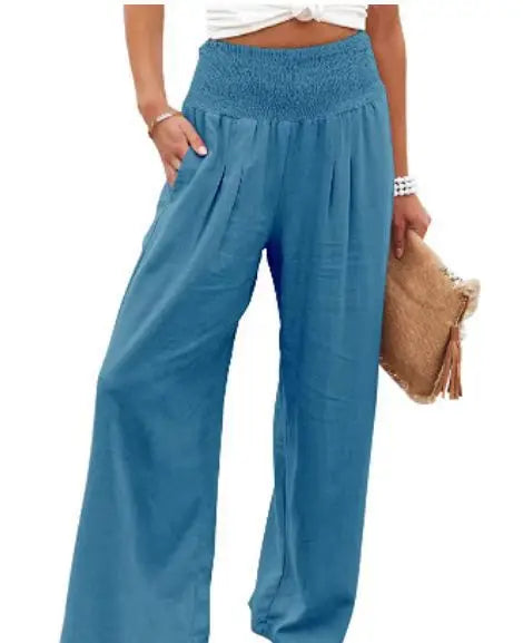 Damesstrandbroek met wijde pijpen, hoge gerimpelde tailleband, linnenlook en zakken