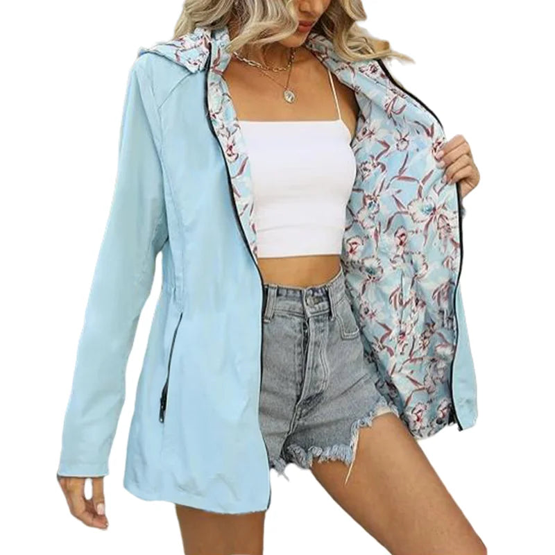 Damen Wendejacke mit Kapuze Blumenmuster Hellblau