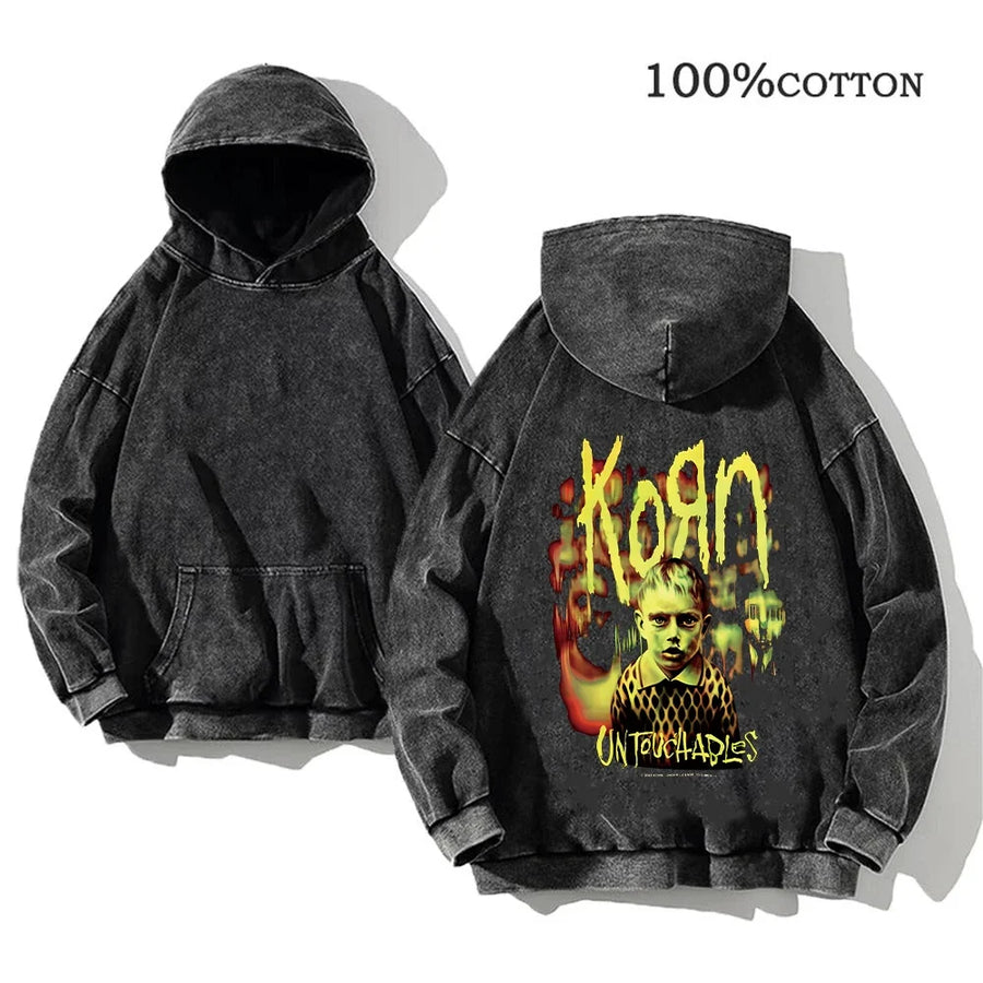 Korn Band Hoodie Unisex Washed Schwarz Kapuzenpullover Oversize