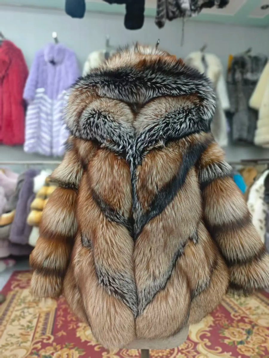 Damen Kunstfelljacke mit Kapuze und Streifenmuster