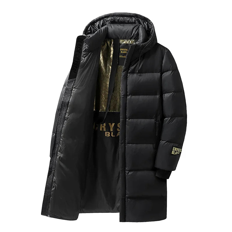 Langer Schwarzer Steppmantel mit Kapuze für Herren Winter Warm Parka