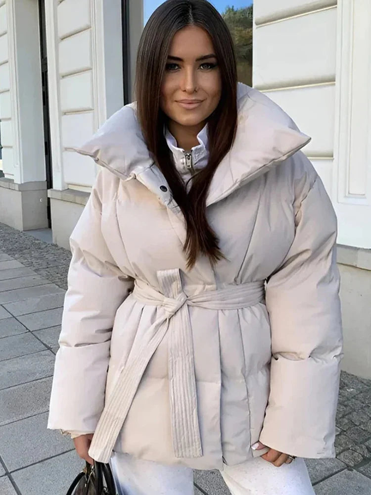 Damen Pufferjacke mit Gürtel Winter Jacke Stehkragen