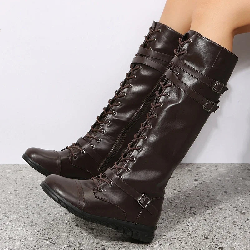 Damen Kniehohe Schnürstiefel mit Schnallen Flacher Absatz