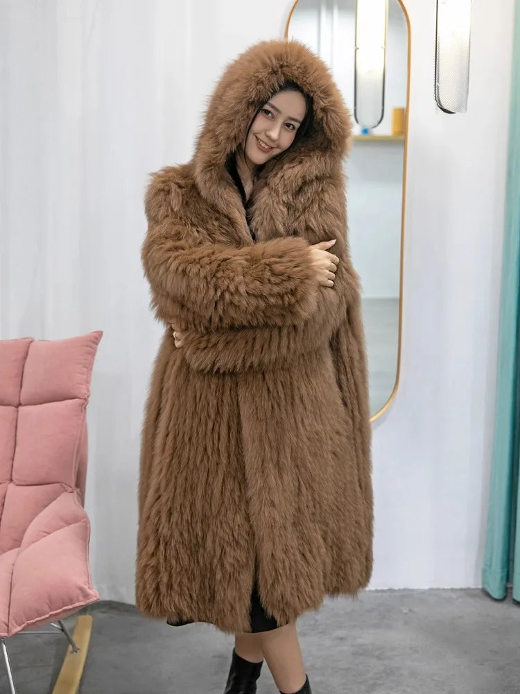 Langer Kunstpelzmantel mit Kapuze für Damen, Winter, Weiches Material, Farbe nach Wahl