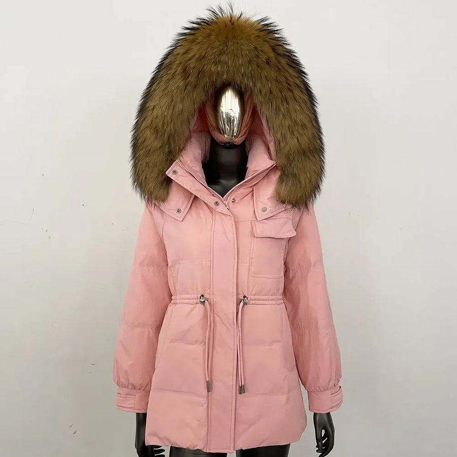 Damen Winterjacke Parka mit Kapuze Kunstfellbesatz Tunnelzug Creme