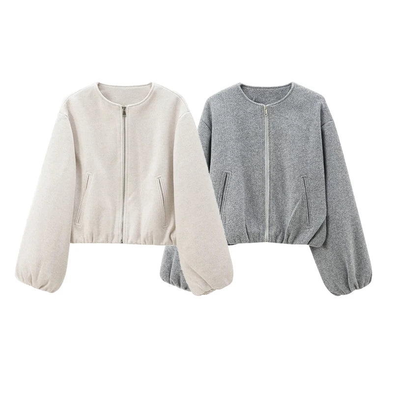 Damen Kurzjacke mit Reißverschluss, Rundhals und Ballonärmeln