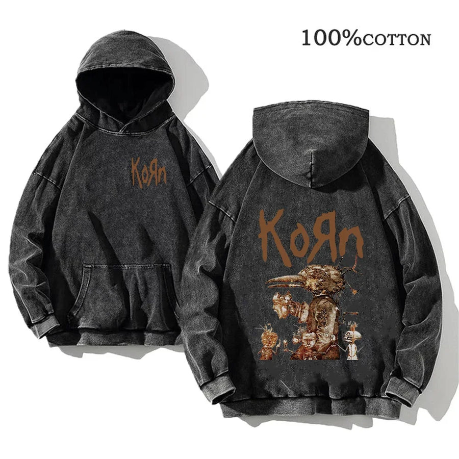 Korn Band Hoodie Unisex Washed Schwarz Kapuzenpullover Oversize