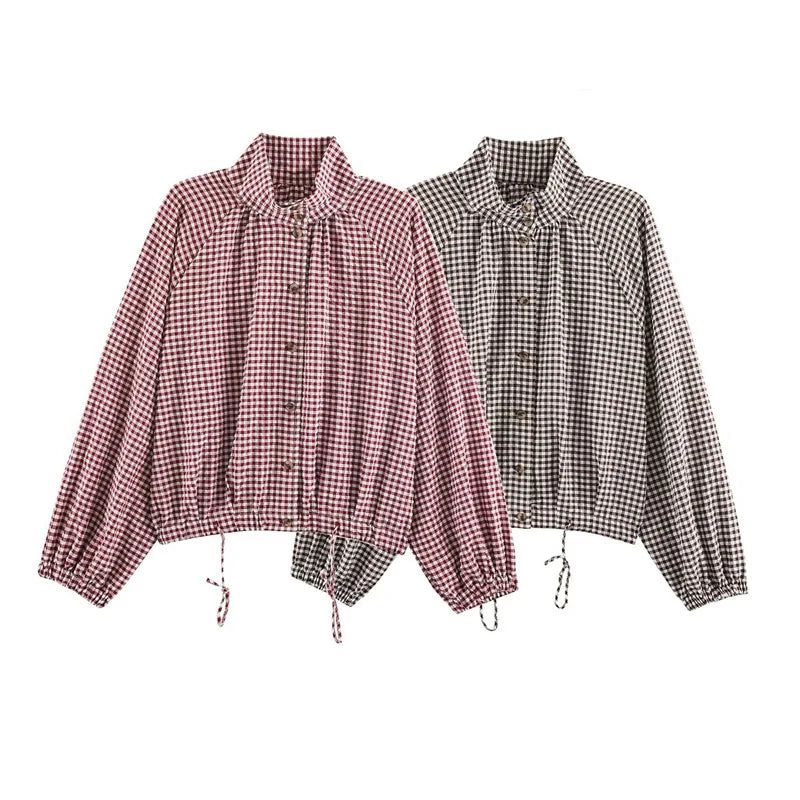 Damen Bluse Gingham Karomuster Stehkragen Langarm