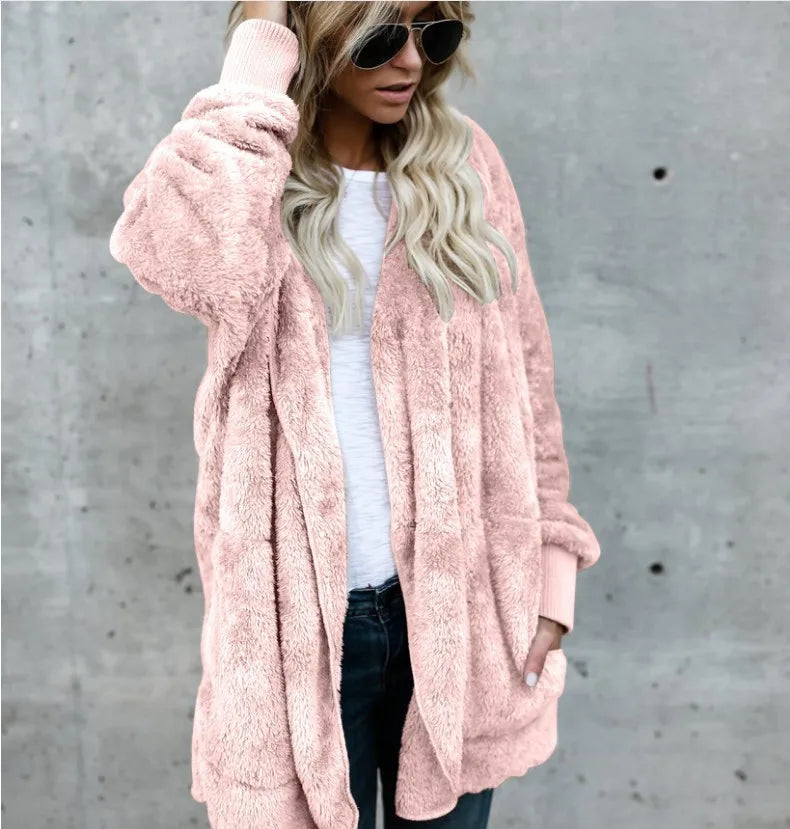 Damen Flauschige Strickjacke mit Kapuze und langen Ärmeln - Beigebraun