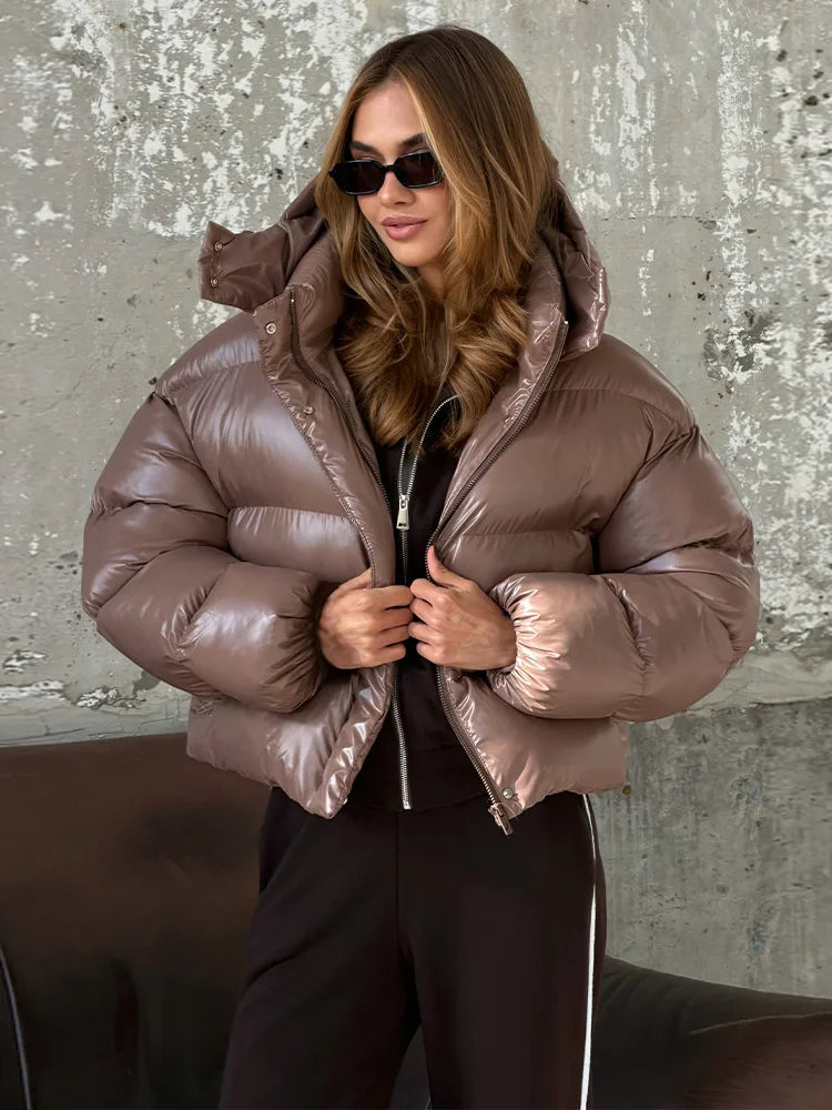 Damen Glänzende Pufferjacke mit Kapuze Kurz Daunenjacke