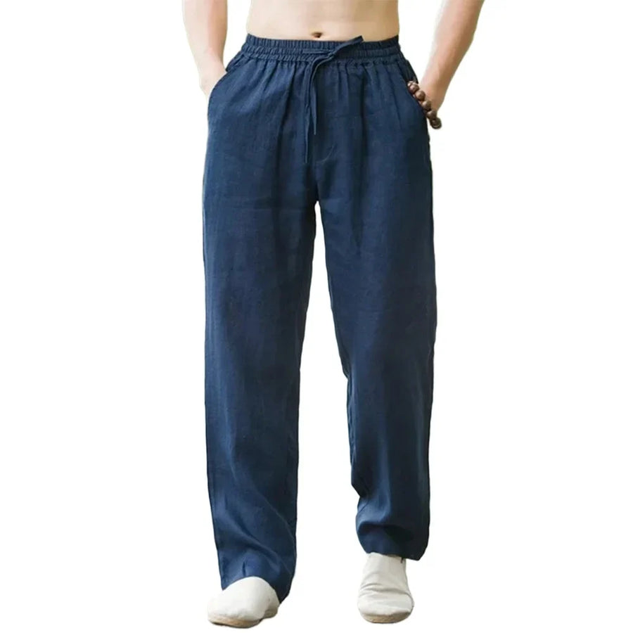 Unisex Leinenhose mit Gummibund & Kordelzug, beige, weites Bein, lockere Passform