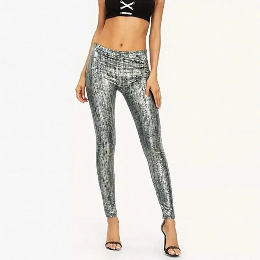 Zilverkleurige metallic dameslegging, glanzend, gestructureerd, hoge taille