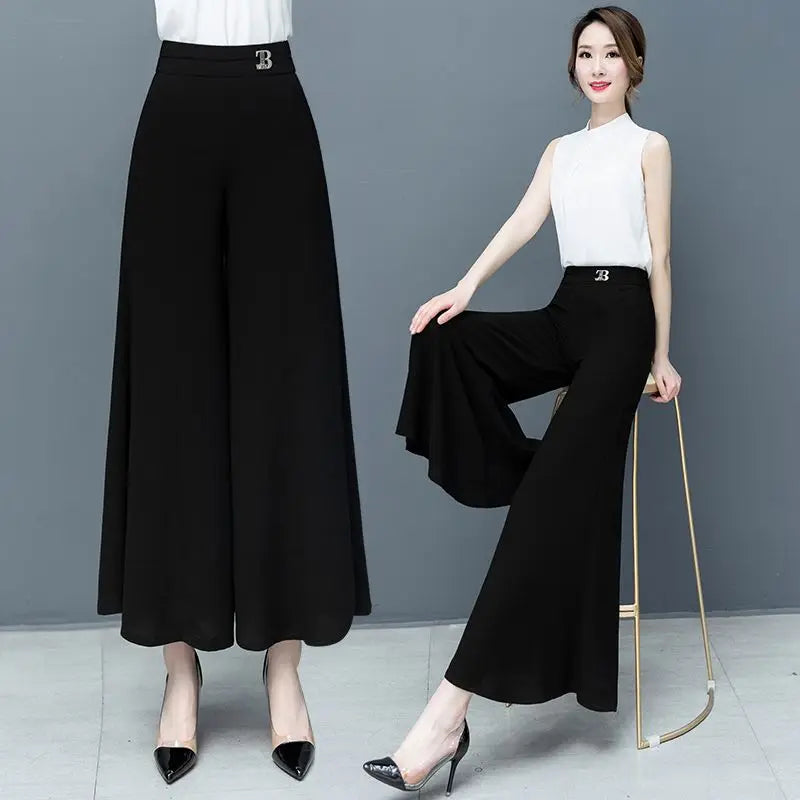 Damen Palazzo Hose Schwarz Weites Bein Hoher Bund