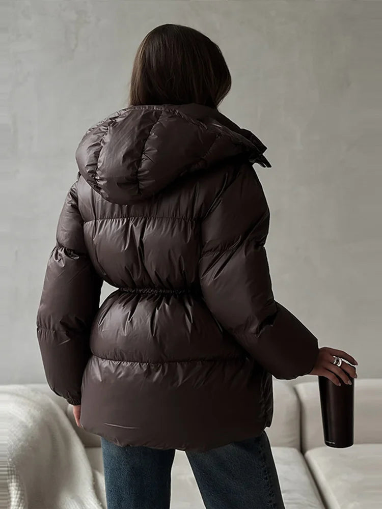 Damen Steppjacke mit Kapuze und Kordelzug, glänzend, warm