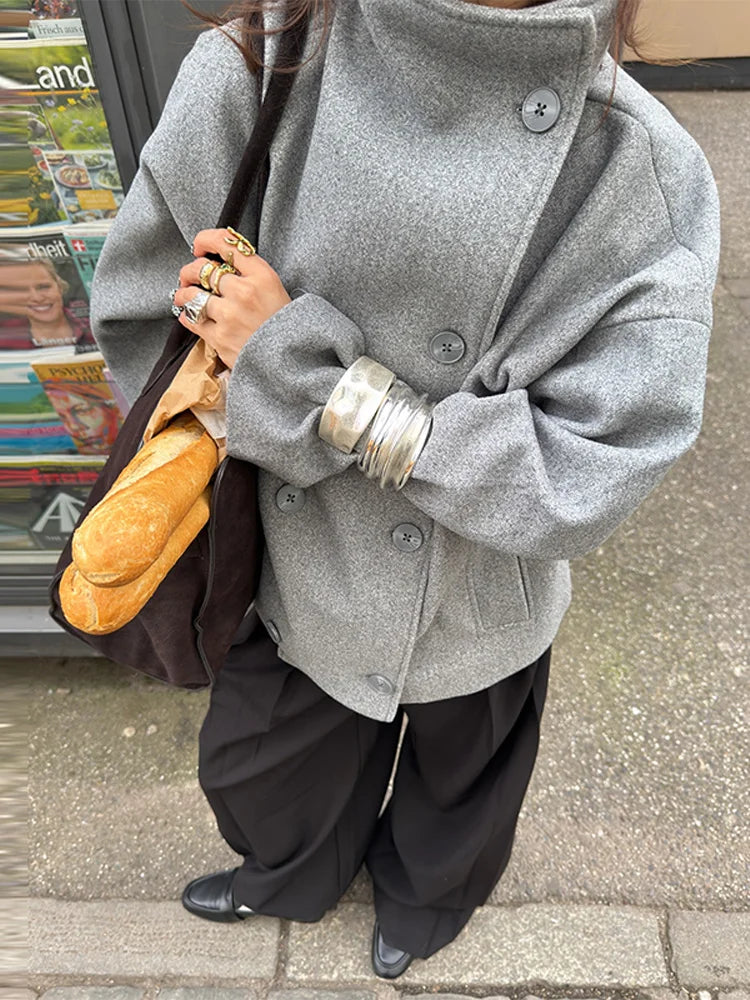 Kurze Damenjacke mit Stehkragen, Zweireiher, Grau oder Schwarz, Lockere Passform