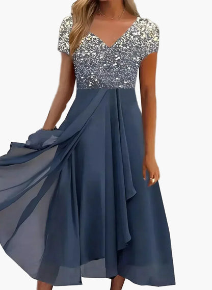 Damen Abendkleid Elegant Chiffon Maxikleid mit Blumenmuster – Perfekt für festliche Anlässe & Partys