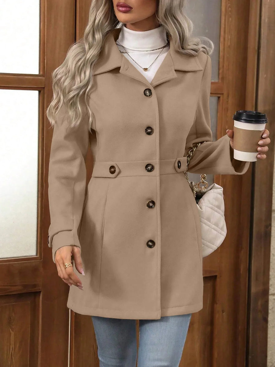 Damen Kurzmantel Grau mit Knöpfen & Taillengürtel-Details, Langarm Jacke