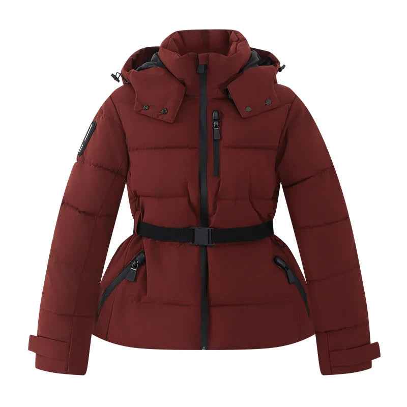 Damen Winter Pufferjacke Glänzend mit Gürtel und Kapuze
