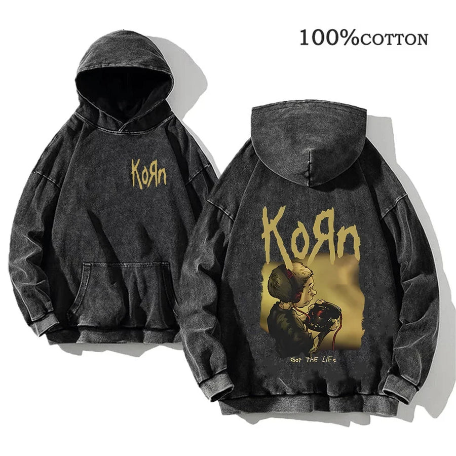 Korn Band Hoodie Unisex Washed Schwarz Kapuzenpullover Oversize