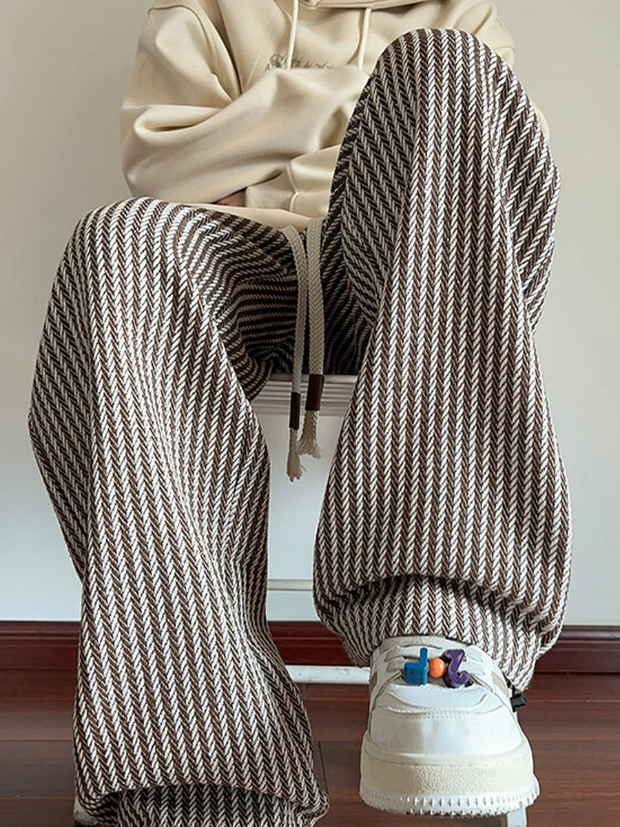 Unisex Freizeithose mit Fischgrätmuster Beige Braun Weites Bein