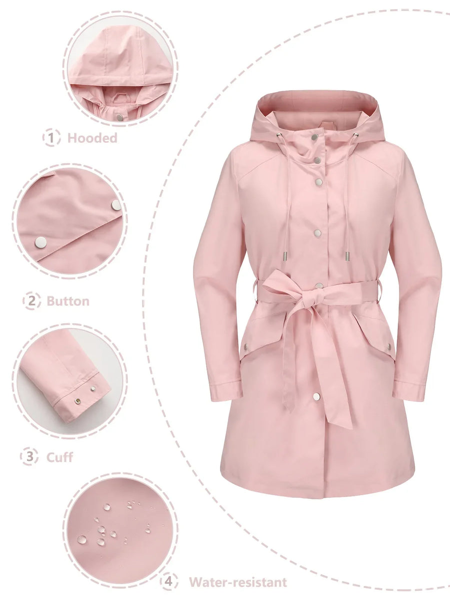 Damen Regenjacke mit Kapuze und Bindegürtel, Beige