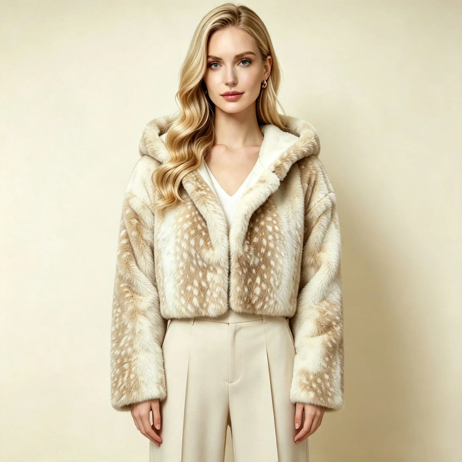 Kurze Damen Kunstfelljacke mit Kapuze, Hirschmuster, Beige