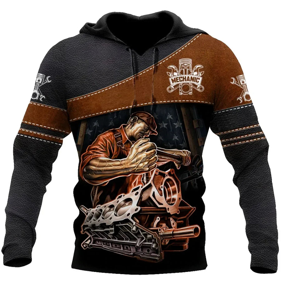 Kapuzenpullover Herren Hoodie Mechaniker-Design Motor Kolben Werkzeug Schwarz Grau
