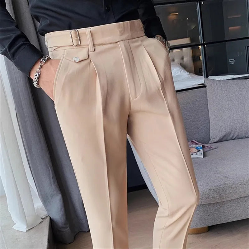 Herren Business Anzughose Slim Fit Bundfalten Hose mit Schnalle
