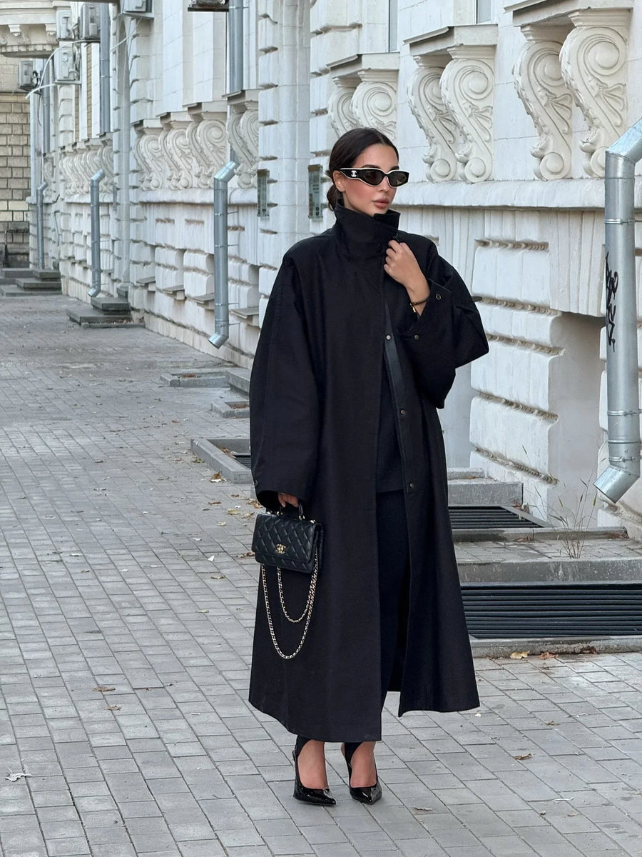 Damen Oversize Trenchcoat Mantel Lang Glockenärmel Stehkragen Gürtel Freizeit Jacke