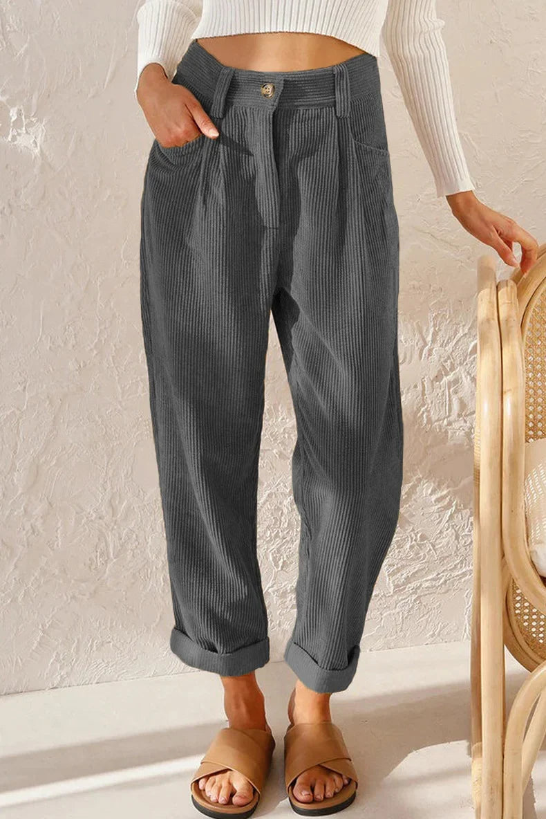 Damen Cordhose mit hoher Taille, weitem Bein und Falten, umgeschlagener Saum, Freizeit-Look