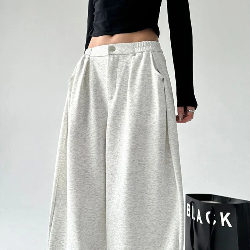 Wijde vrijetijdsbroek voor dames met hoge taille, casual stijl, grijs of zwart
