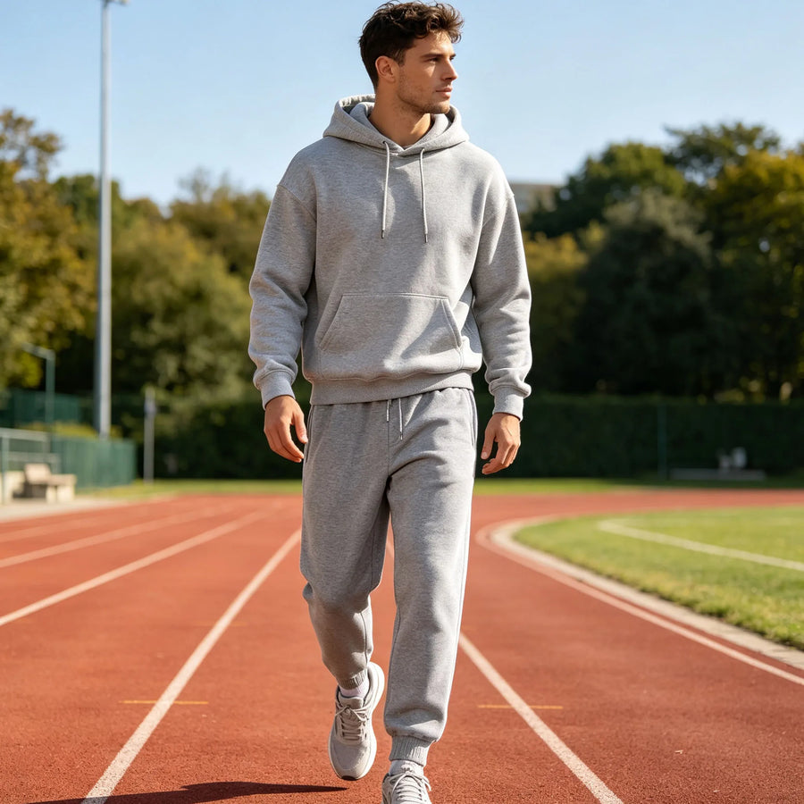 Uniseks joggingbroek van fleece, warm voor de winter, met boorden, zijzakken en trekkoord, zwart grijs wit