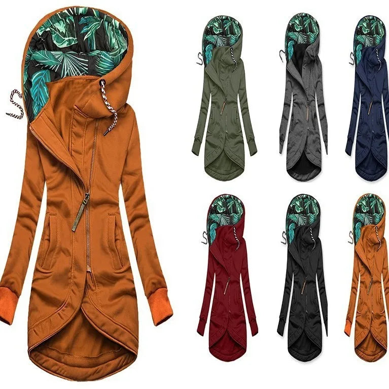 Damen Hoodie Jacke mit asymmetrichem Reißverschluss und Tropenmuster-Kapuzenfutter