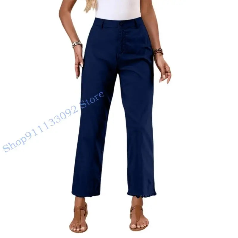 Damen Stoffhose mit geradem Bein, Hoher Bund & Fransen Saum – Beige