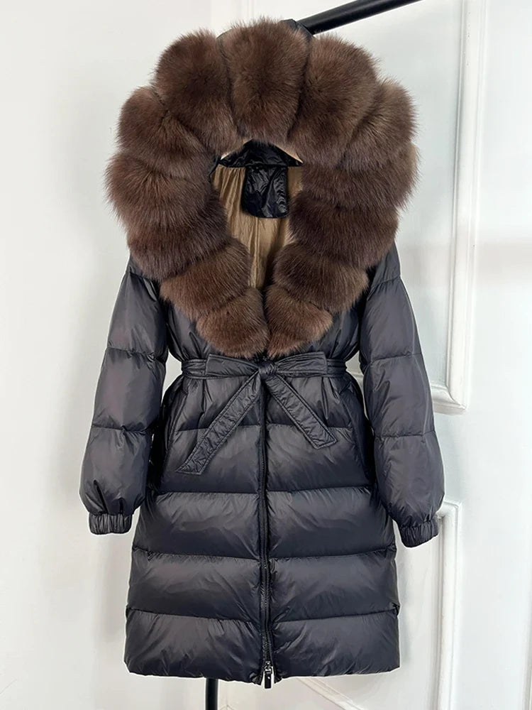 Damen Daunenmantel Schwarz mit pelzbesetzter Kapuze und Gürtel