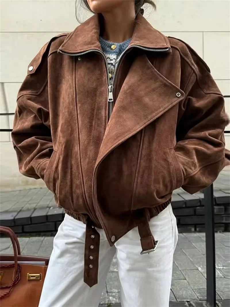 Bikerjacke Damen in Wildleder-Optik mit Reißverschluss und Gürtel