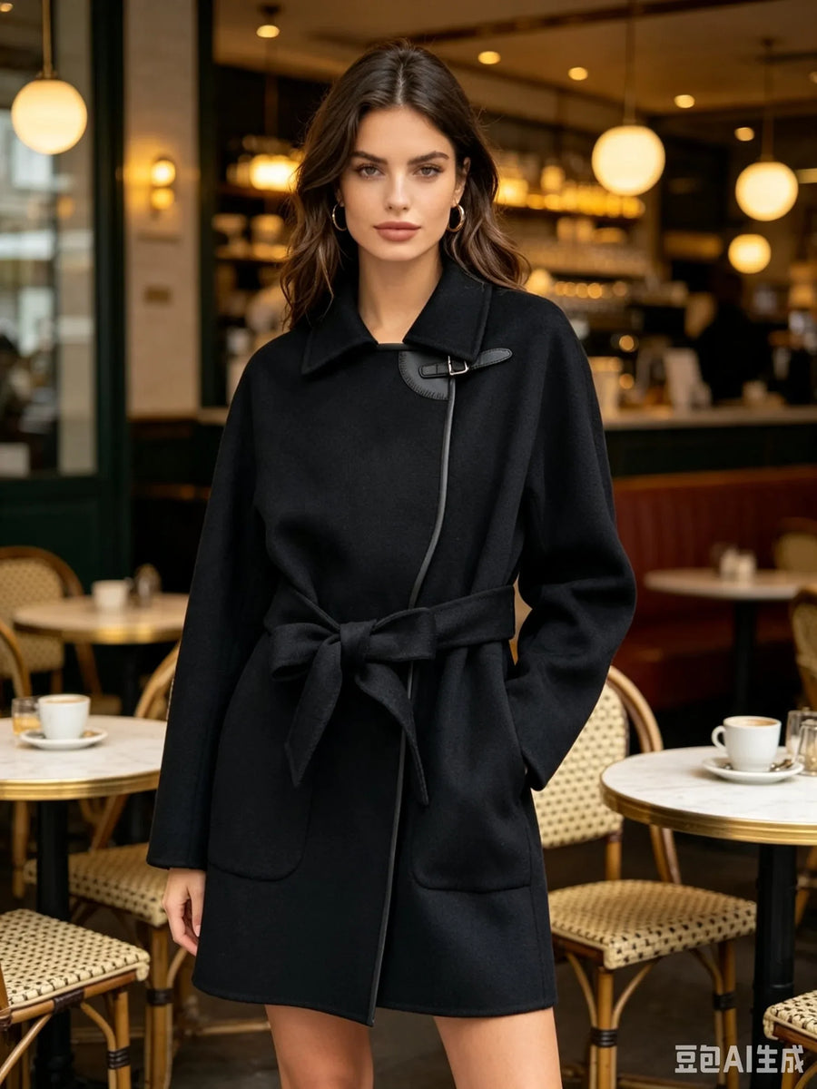 Damen Kurzmantel mit Bindegürtel und Schnallenverschluss, Wickeloptik