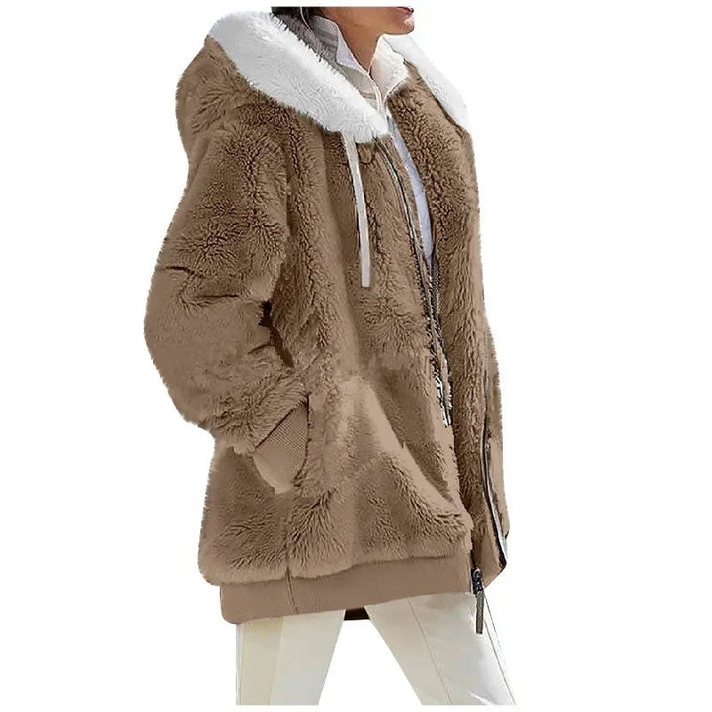 Teddy-Fleece Jacke mit Kapuze und Reißverschluss, flauschig warm