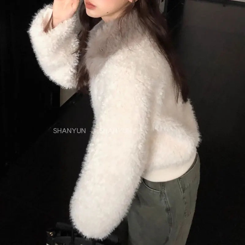 Damen Teddyfell Jacke mit Kunstfellkragen Reißverschluss