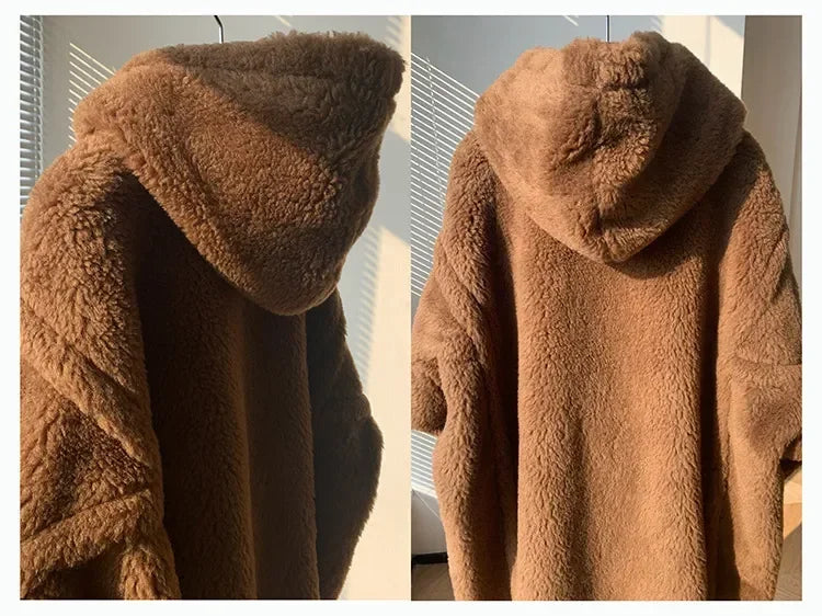 Damen Teddy Mantel mit Kapuze – Brauner Flauschiger Langer Mantel