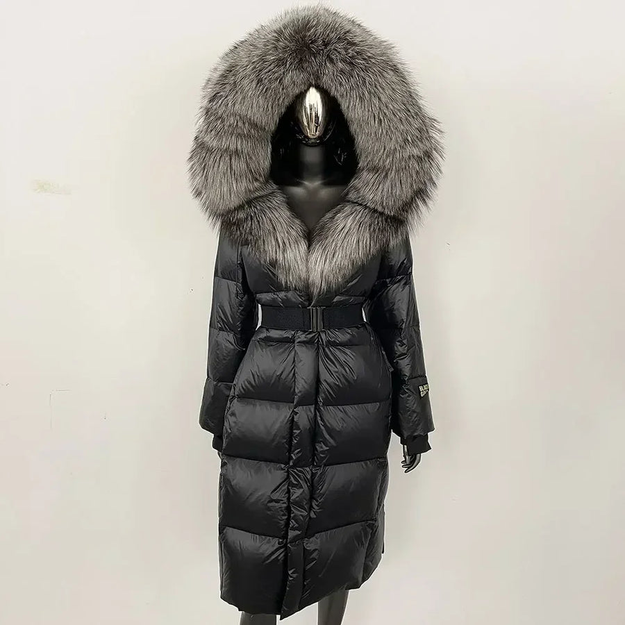 Damen Winter Steppmantel mit Kapuze und Fellkragen Schwarz Grau