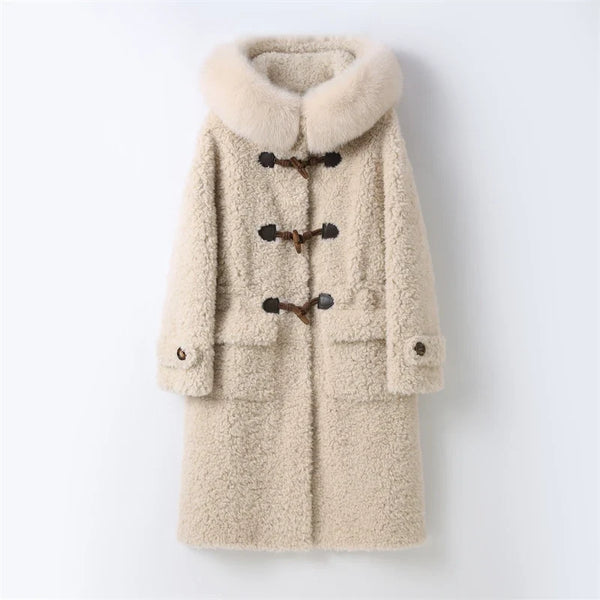 Beige teddyjas voor dames met capuchon en houtje-touwtjesluitingen