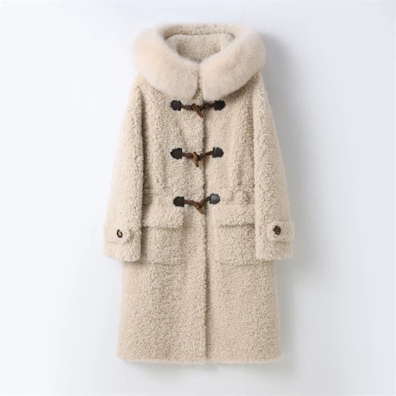Damen Teddy-Mantel Beige mit Kapuze und Knebelverschlüssen