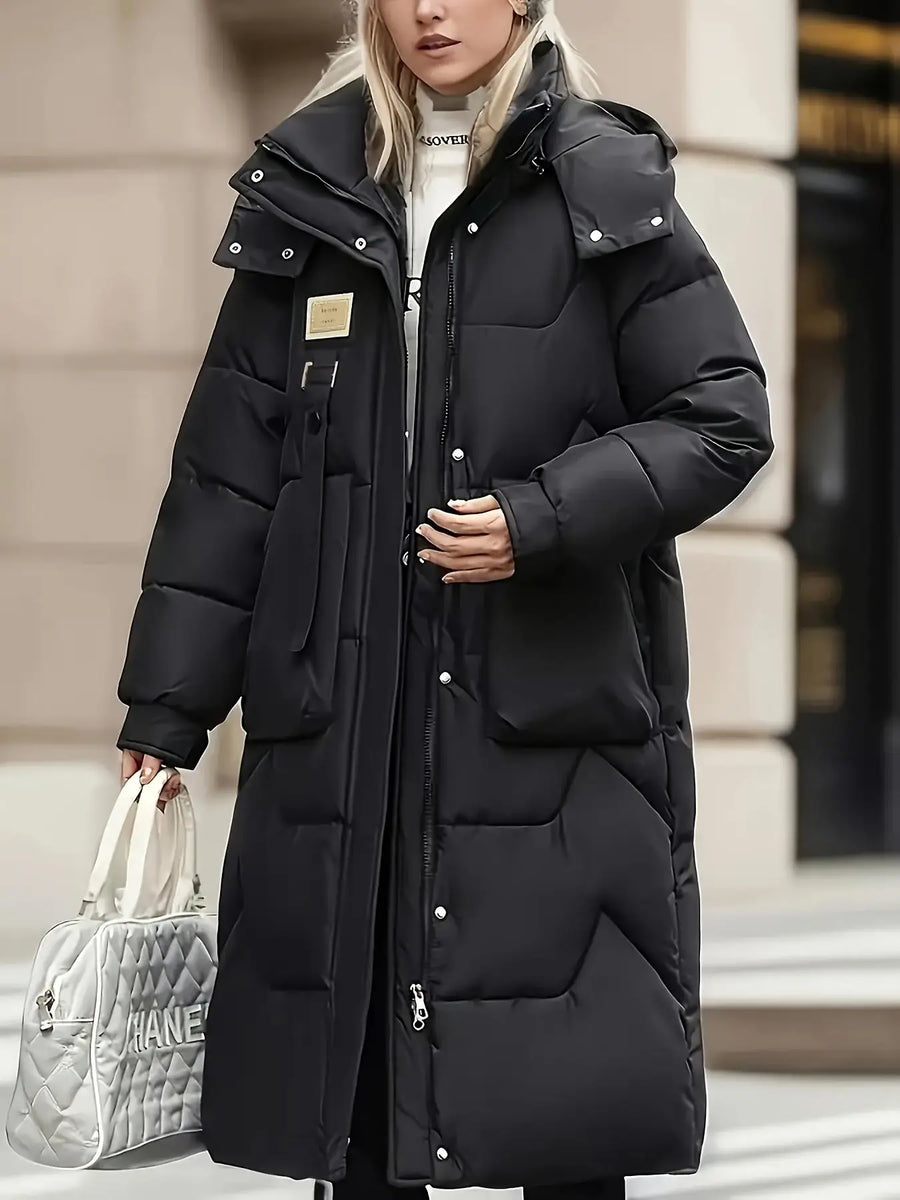 Damen Langer Steppmantel mit Kapuze – Warm & Winddicht Schwarz