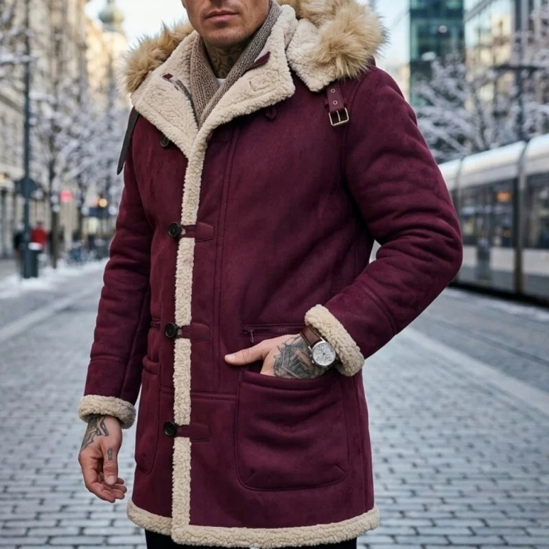 Herren Wintermantel mit Kapuze und Fellimitat-Futter
