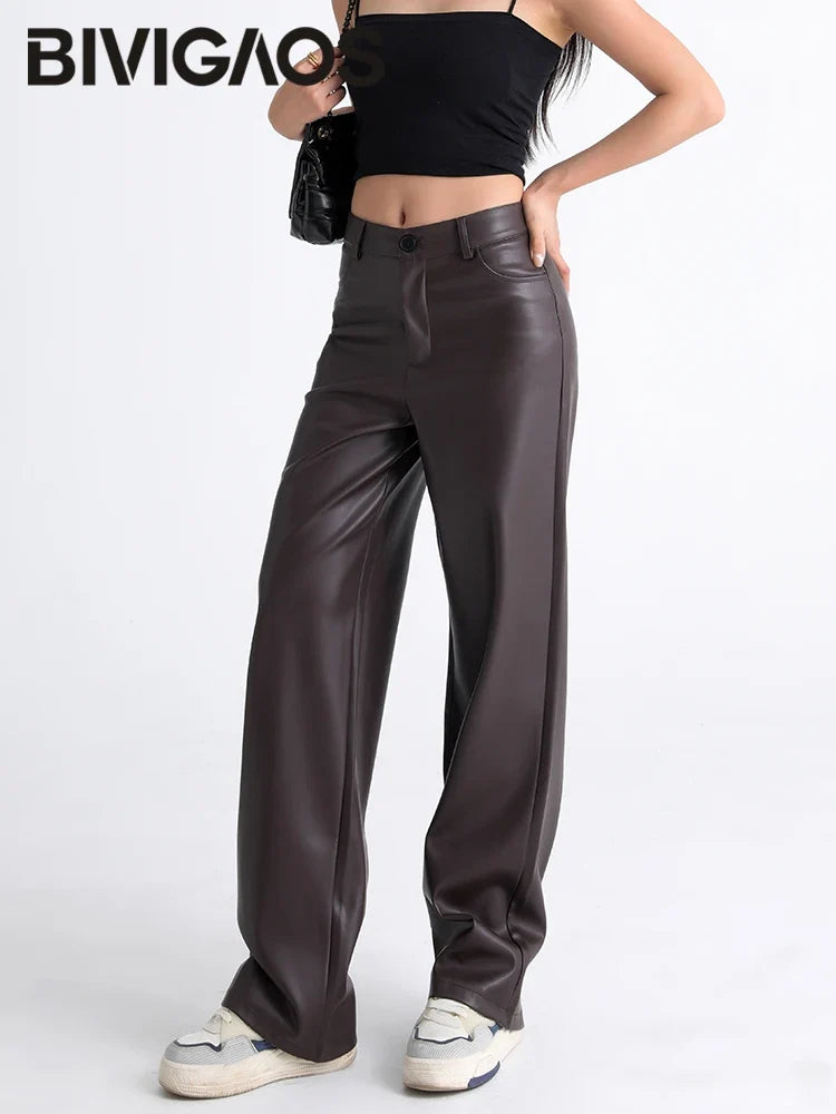 Wijde damesbroek in lederlook met hoge taille, zwart