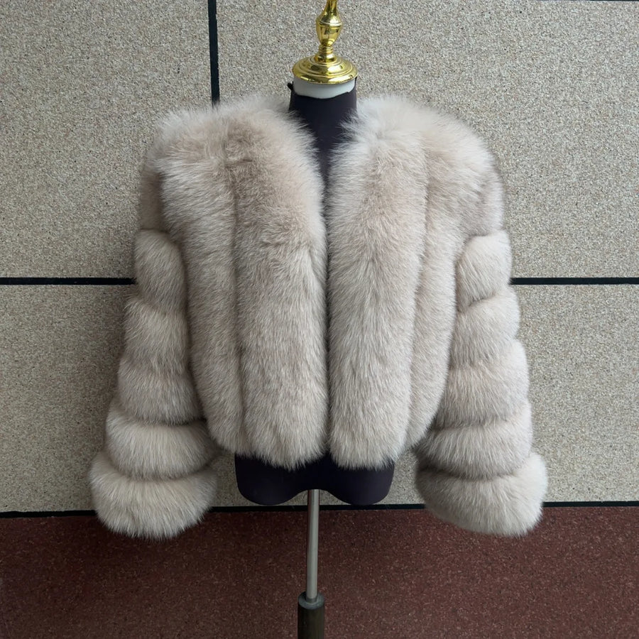 Kurze Damen Kunstpelzjacke mit langen Ärmeln und V-Ausschnitt, mehrfarbig